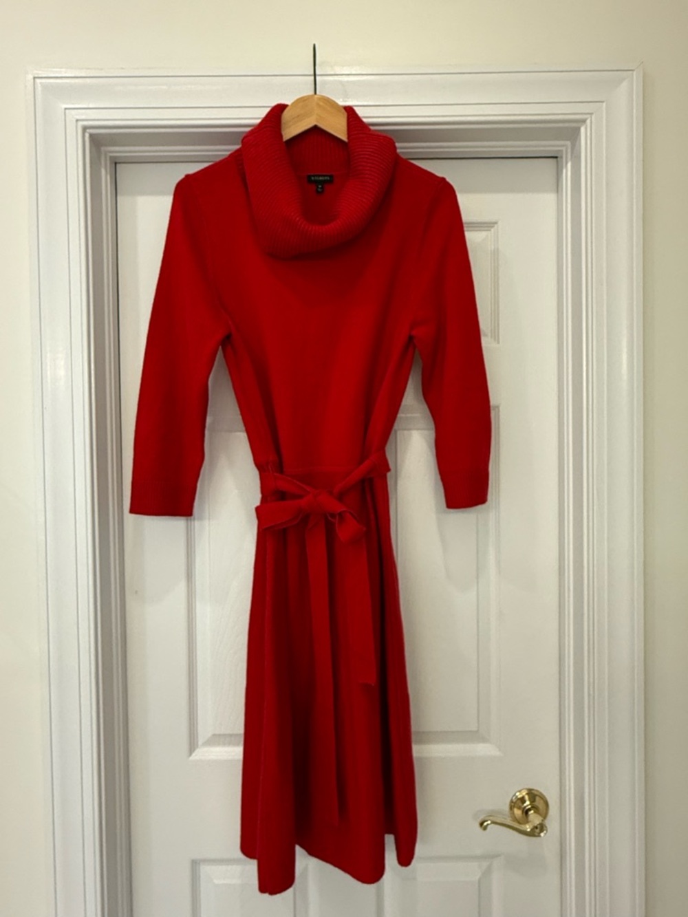 Talbots Red Cowl-Neck Midi Sweater Dress with Tie Belt